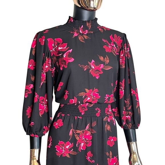 Nanette Lepore Black & Red Floral Smocked Puff Sleeve Midi Dress Size 10 - Picture 4 of 8